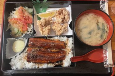 Grilled eel bento with fried chicken, miso soup, and salad in Berlin