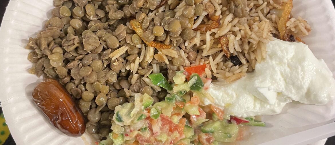 Lentils, rice with onions, salad, and yogurt