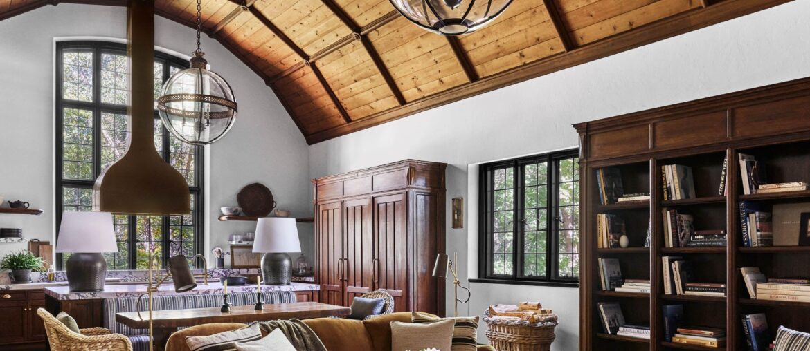 The Great Room with the original ceiling in a renovated 1929 stately brick mansion in Locust Valley, Long Island, New York [3300x4620]
