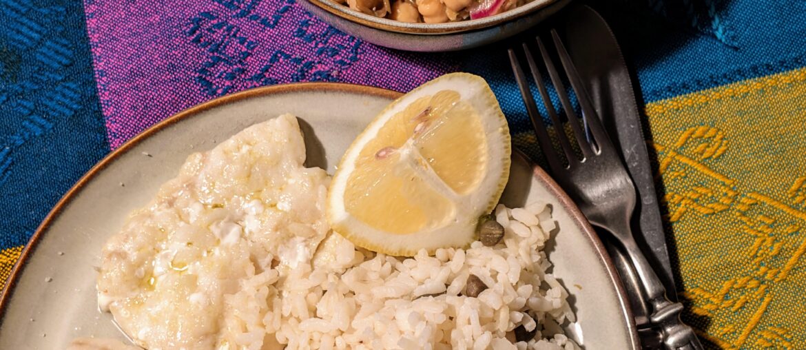 Cod with rice and chickpea-lentil salad.