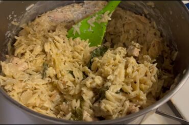 Chicken orzo and white Bordeaux wine