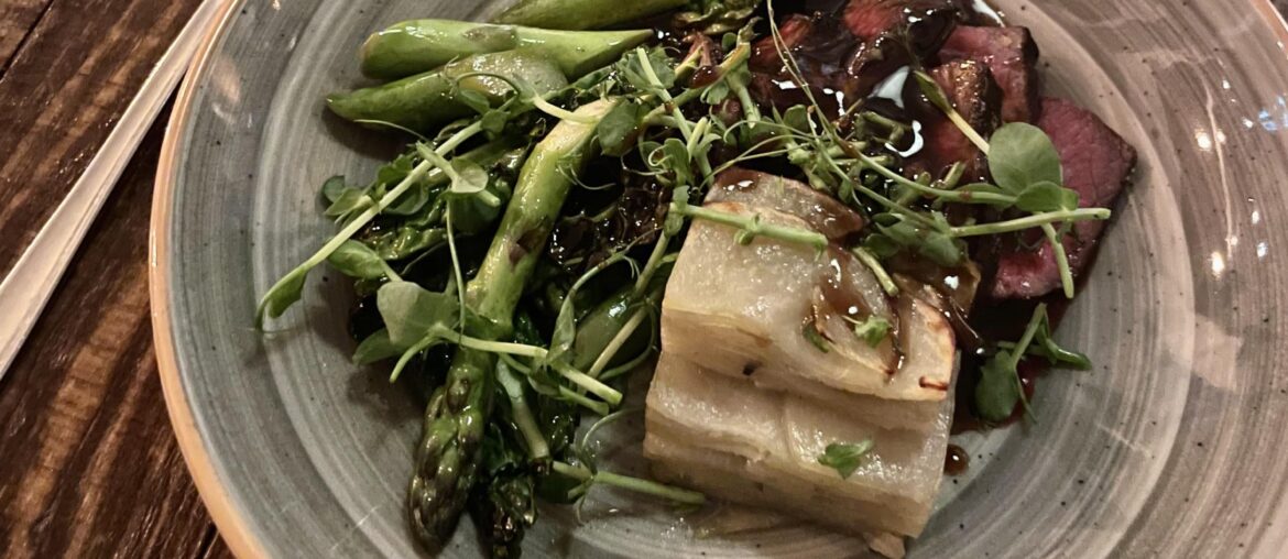 Beef filet with Asparagus, Kale, Potatoes, and Bordelaise Sauce in Copenhagen