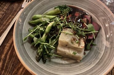 Beef filet with Asparagus, Kale, Potatoes, and Bordelaise Sauce in Copenhagen