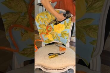 Reimagining set of 1920s French dining chairs in a striking blue and gold Scalamandre fabric