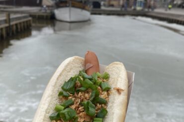 Reindeer hot dog in Helsinki