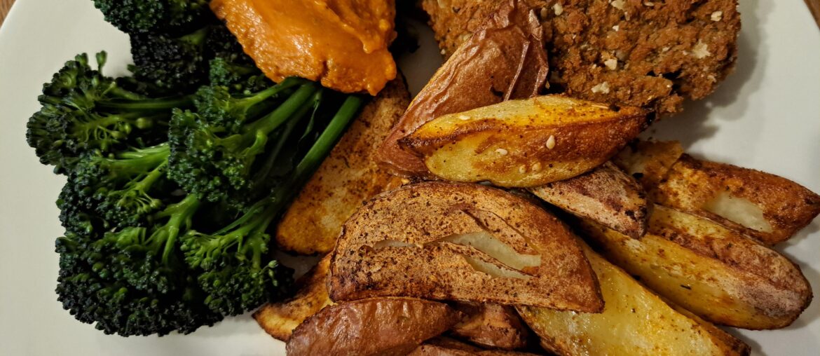 Fish Cake, Spicy Fries & Broccoli with Salsa de Calçots