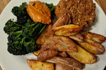 Fish Cake, Spicy Fries & Broccoli with Salsa de Calçots