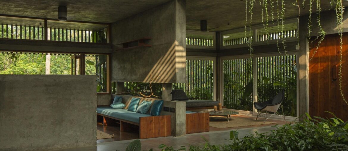 Indoor garden in a modern residence surrounded with lush greenery, Tirur, Kerala, India [2000x1128]