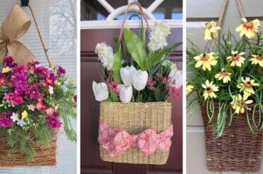 Beautiful spring decorations on the front door based on a wicker basket