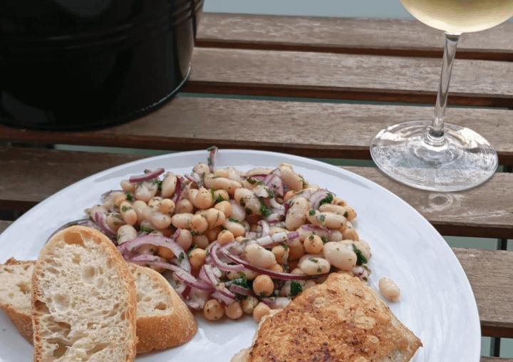 Bean salad and super juicy boneless chicken thigh