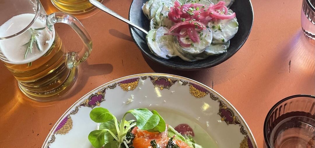 Smoked Salmon, Kale, and Beetroot Salad and Flammkuchen in Helsinki