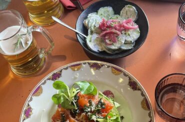 Smoked Salmon, Kale, and Beetroot Salad and Flammkuchen in Helsinki