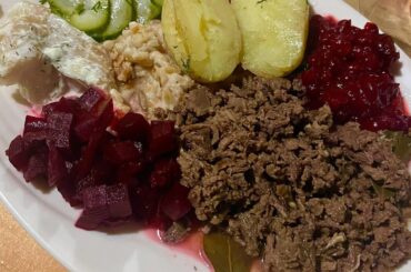 Stewed reindeer with beetroot and lingonberry jam in Helsinki