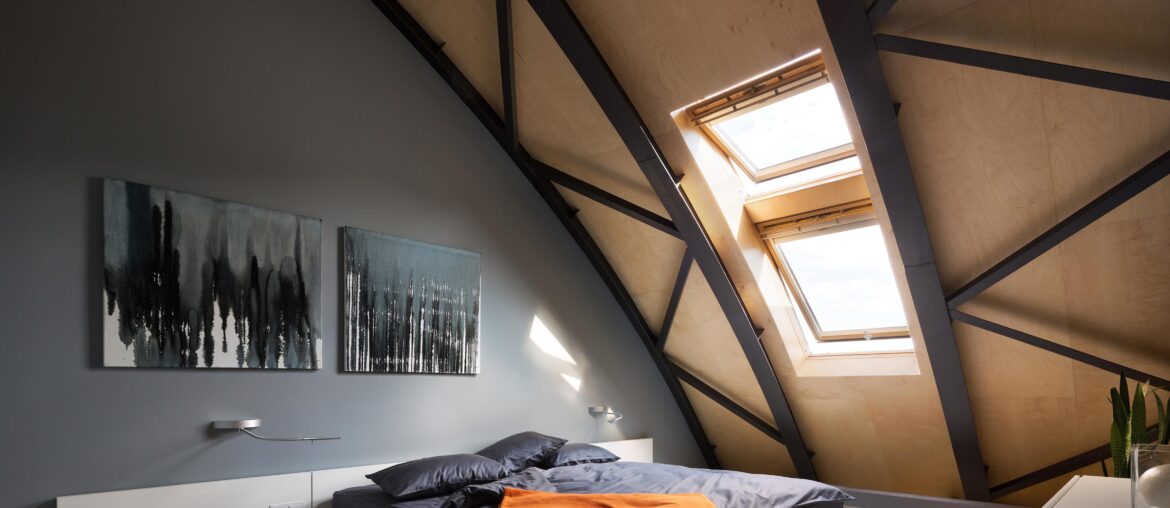 Industrial loft bedroom with an arched roof | Kiev, Ukraine [3500 x 3795]