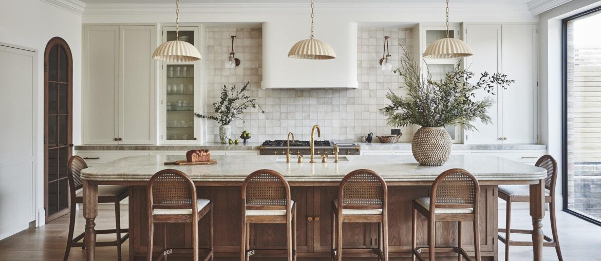 Zellige tile backsplash kitchen with a wooden island, Wandsworth, South London, UK [2500x1667]