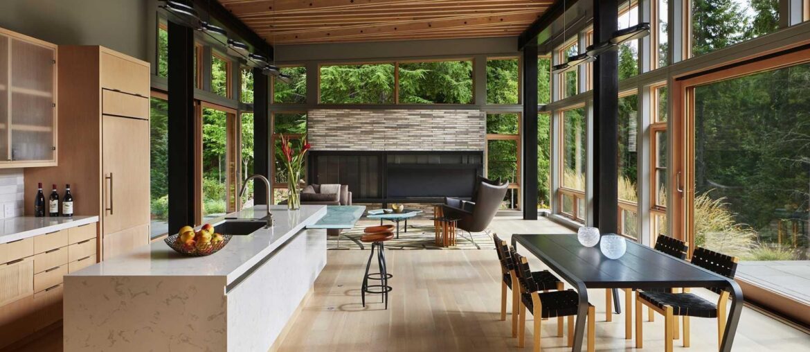 Spacious open plan living space surrounded with Pacific Northwest forest views, Bainbridge Island, Kitsap County, Washington [1920x1281]
