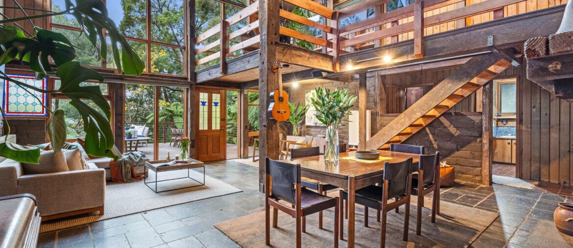 Double-height living space full of natural light in a 1975 residence originally designed by architect Alistair Knox, Montrose, Melbourne, Victoria, Australia [4000x2560]