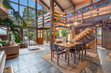 Double-height living space full of natural light in a 1975 residence originally designed by architect Alistair Knox, Montrose, Melbourne, Victoria, Australia [4000x2560]