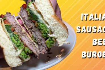 Italian Sausage & Beef Burger w/ Cherry Peppers, Broccoli Rabe, Provolone Cheese and Balsamic Glaze