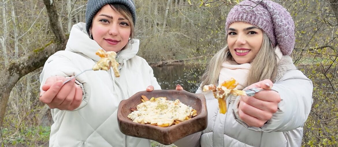 Delicious French fries with creamy mushroom sauce in the nature       (Recipe in 30 minutes)