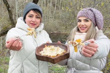 Delicious French fries with creamy mushroom sauce in the nature       (Recipe in 30 minutes)