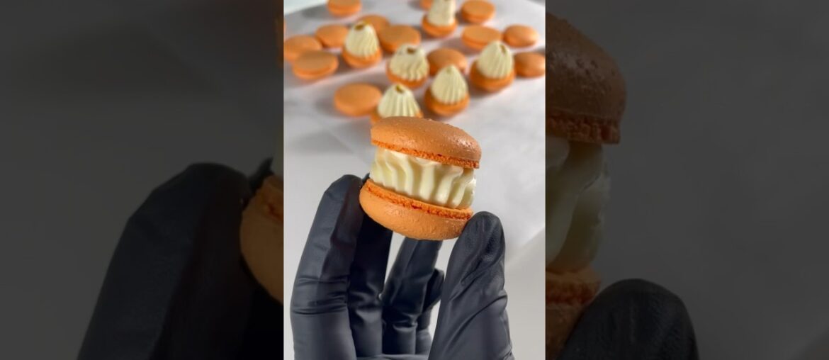 French meringue macarons with dry egg white. Vanilla and passion fruit filling