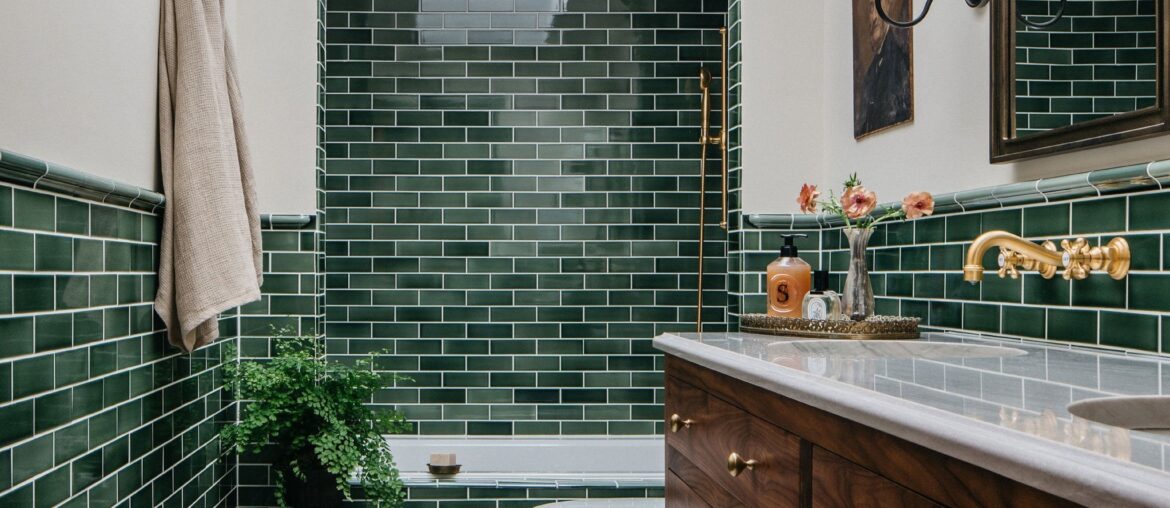 Half-tiled bathroom renovation with a tiled bathtub nook, Geneva, Kane County, Illinois [2048x3072]