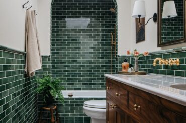 Half-tiled bathroom renovation with a tiled bathtub nook, Geneva, Kane County, Illinois [2048x3072]