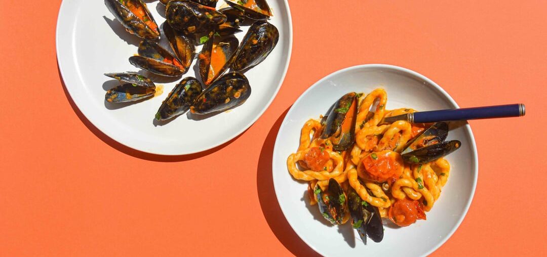 lorighittas served with mussels, nduja and cherry tomato sauce - a recipe for a homemade pasta