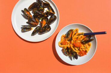 lorighittas served with mussels, nduja and cherry tomato sauce - a recipe for a homemade pasta