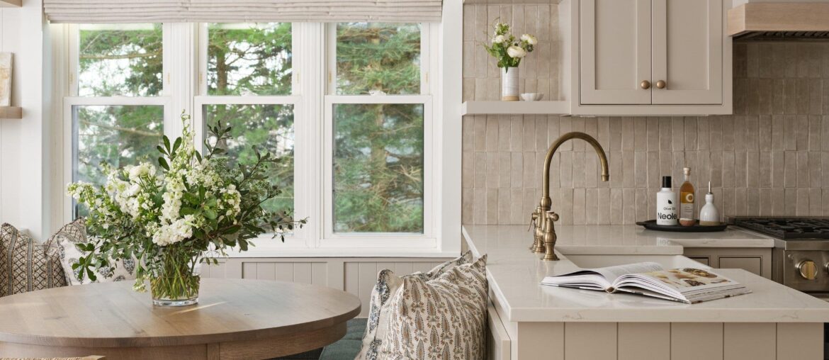 Breakfast nook in a renovated 80s ski condo with Okemo Mountain views, Ludlow, Vermont [2500x3333]