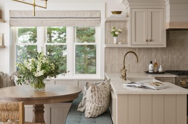 Breakfast nook in a renovated 80s ski condo with Okemo Mountain views, Ludlow, Vermont [2500x3333]