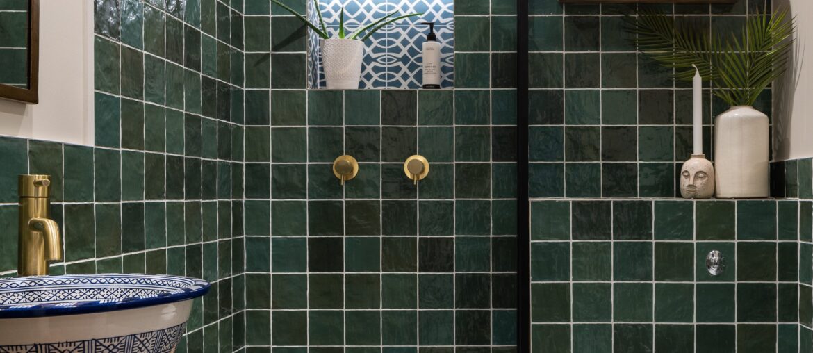 Green tiled bathroom in London, UK [3335x5000]