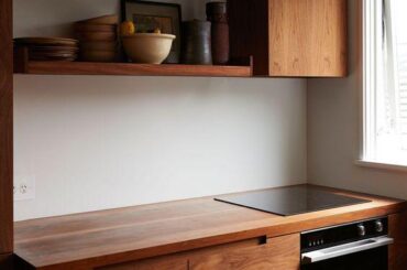 A small apartment kitchen with rich walnut cabinetry [564x734]