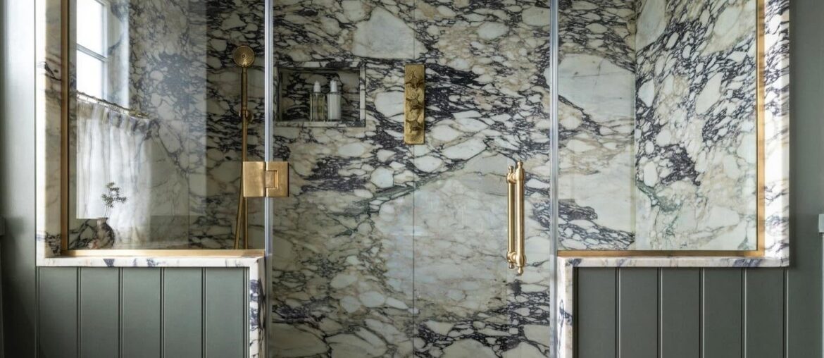 Marble-clad shower in a renovated farmhouse, Wiltshire, England [1440x1800]