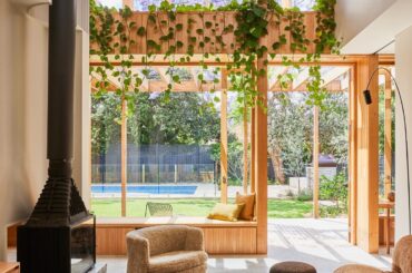 Double-height living space with garden views in a timber extension added to a Federation Queen Anne-style bungalow, Sydney, New South Wales, Australia [1334x2000]