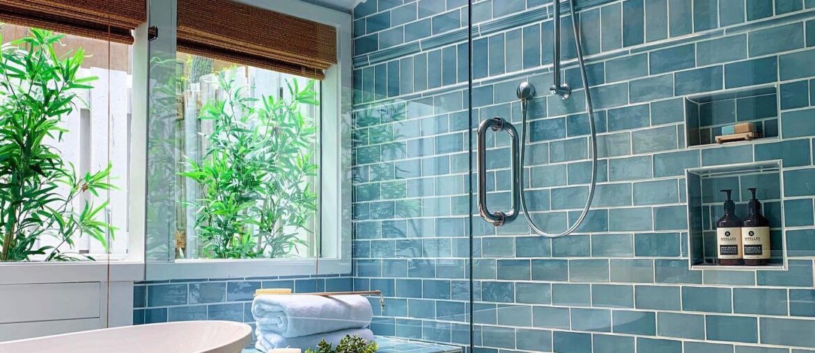 Blue-tiled shower with a skylight in a renovated bathroom, Hilton Head Island, Beaufort County, South Carolina [1440x1800]