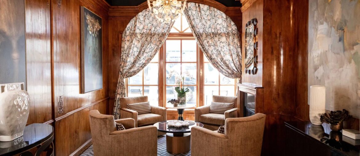 Intricate, wood-forward, and textured lounge at Hotel Les Mars in Healdsburg, California [1920x1280]