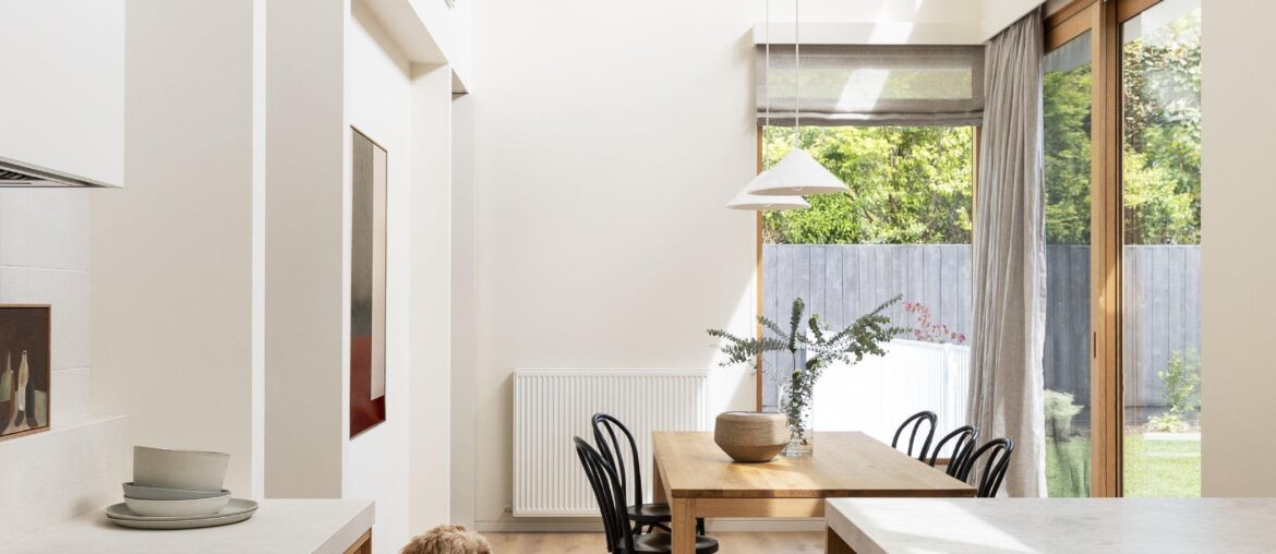 Kitchen and dining space in the extension added to the renovated California Bungalow, Malvern East, Melbourne, Victoria, Australia [2500x3750]