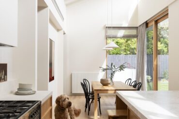 Kitchen and dining space in the extension added to the renovated California Bungalow, Malvern East, Melbourne, Victoria, Australia [2500x3750]