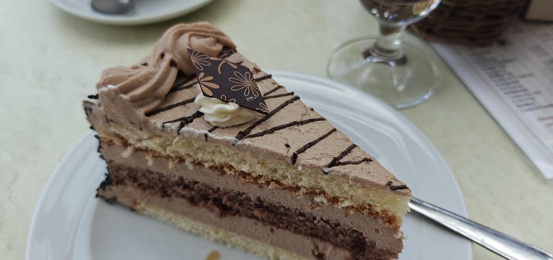 Nougat buttercream and glazed strawberry cake while on vacation