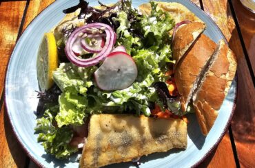Zander, salad, bread and beer on the shores of Lake Constance, Germany