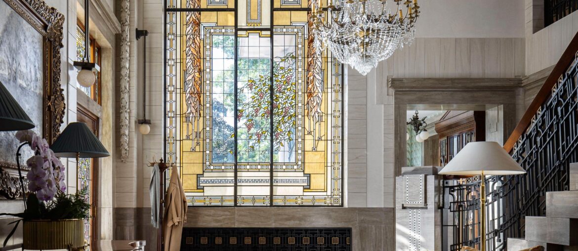 Grand entry hall in a 1913 Prairie Style residence with original stained glass window, Kansas City, Missouri [3300x4620]