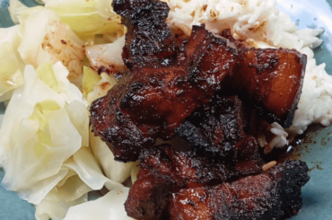 Sticky pork belly, coconut-lime rice, steamed cabbage