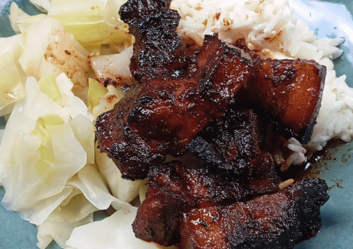 Sticky pork belly, coconut-lime rice, steamed cabbage