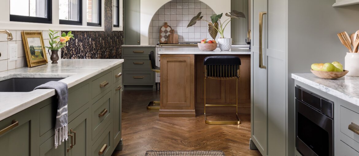 Sage cabinetry kitchen with an arched hood, Missouri [4480x5164]