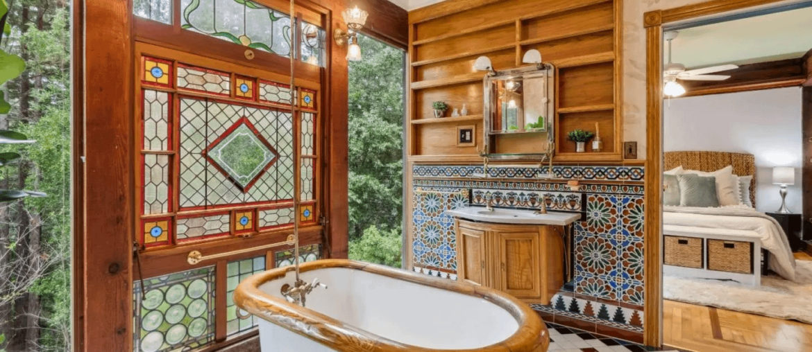 Lush Guest Bathroom demonstrates artisan craftsmanship. Santa Cruz, California. [1440x960]