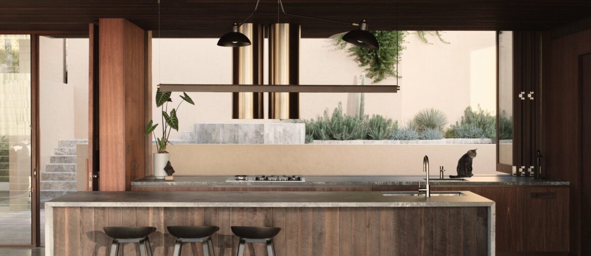 Open plan modern residence using concrete and dark timbers in Wategos Beach, Byron Bay, New South Wales, Australia [2000x1429]