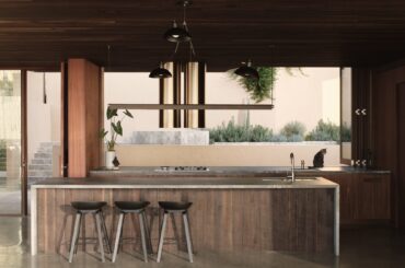 Open plan modern residence using concrete and dark timbers in Wategos Beach, Byron Bay, New South Wales, Australia [2000x1429]