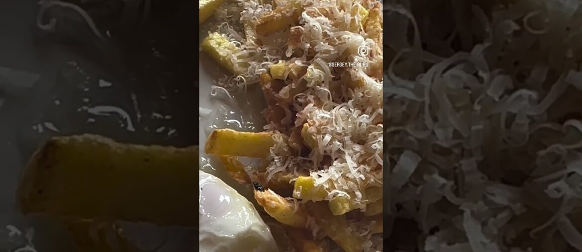 Delicious breakfast with eggs, mushrooms and french fries